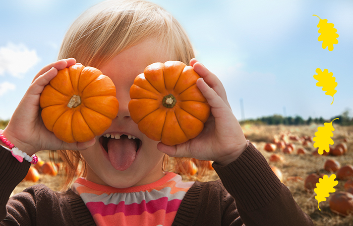 Young Girl standing in a pumpkin patch, holding two mini pumpkins