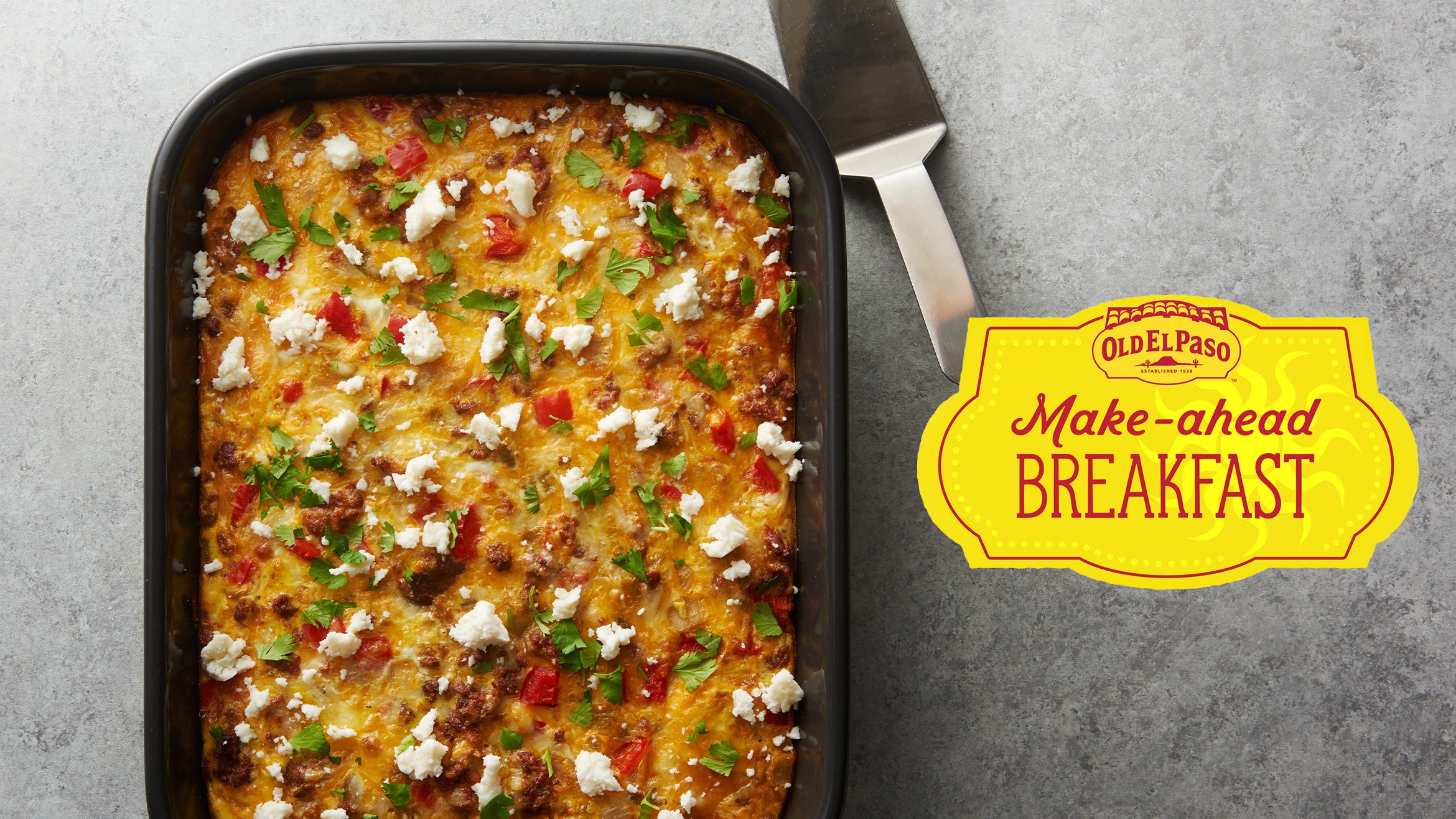 Old El Paso Make-Ahead Breakfast logo next to Tex-Mex Quinoa breakfast bake in a casserole dish