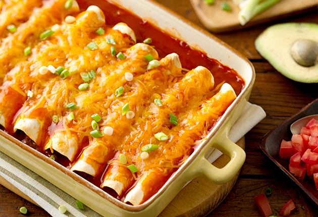 Easy Beef Enchiladas in a casserole dish