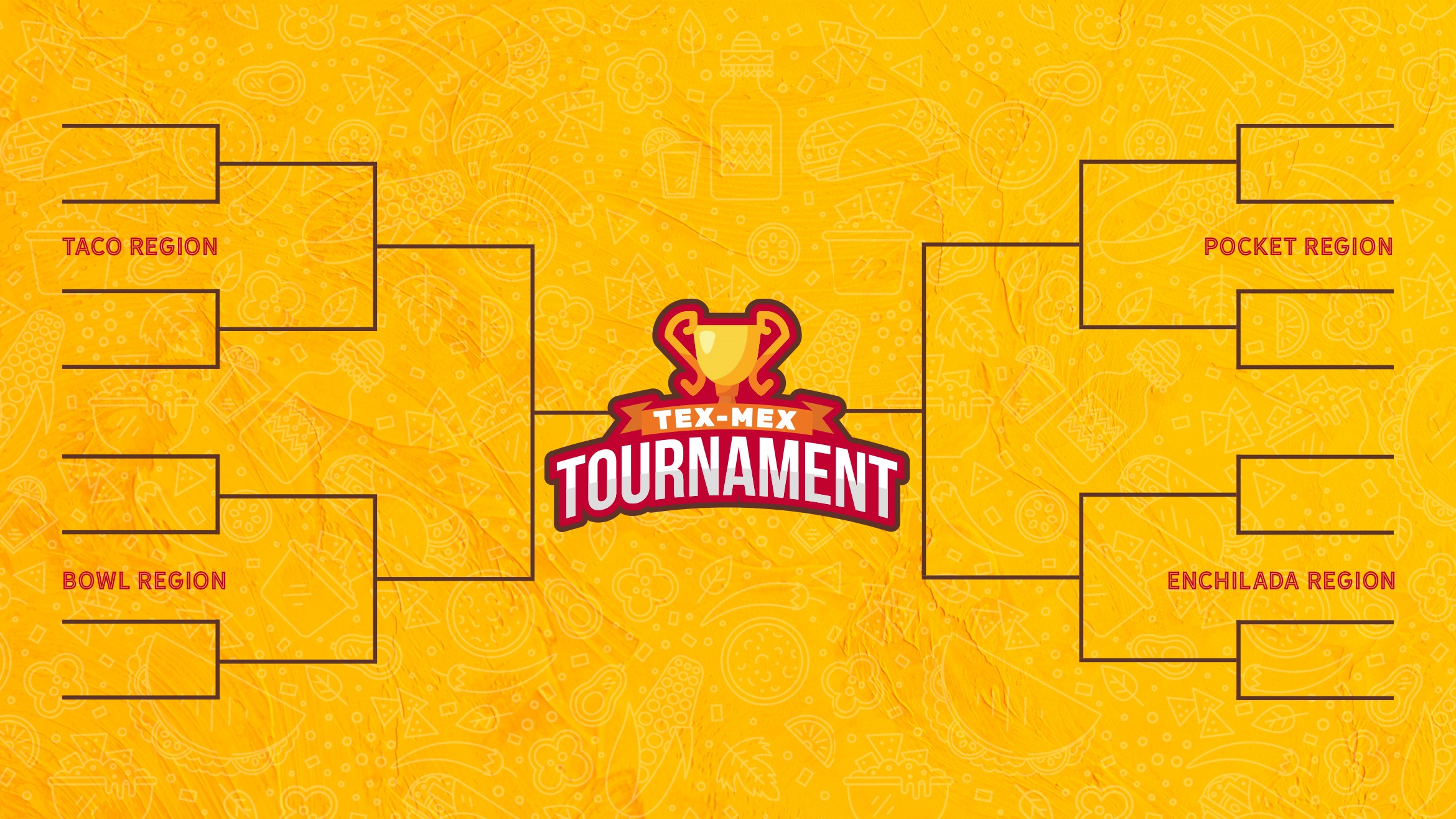 Tex Mex Tournament logo and map divided by regions. Regions are Taco, Bowl, Pocket and Enchilada.