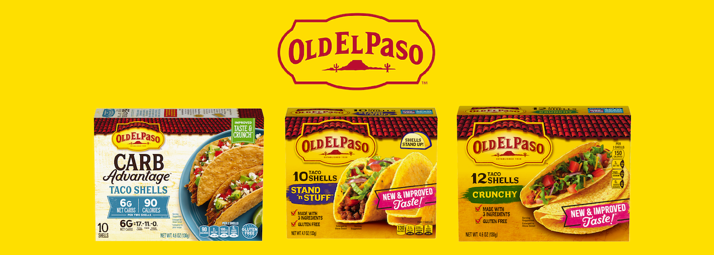 A Fresh Take on Flavor - Three varieties of Old El Paso taco shells—Carb Advantage, Stand 'N Stuff, and Crunchy—are displayed against a yellow background with the Old El Paso logo above.