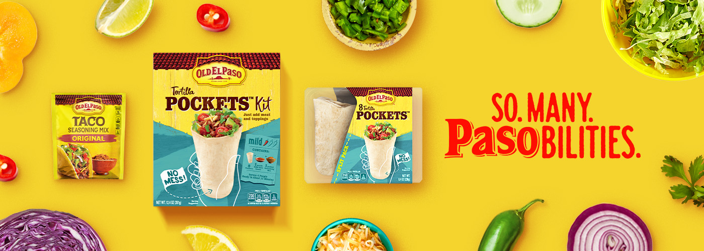 Old El Paso assorted products including Original taco seasoning mix, front of package; Tortilla Pockets Kit, front of package; and 8-count Tortilla pockets, front of package, on a yellow background that reads "So. Many. Pasobilities."